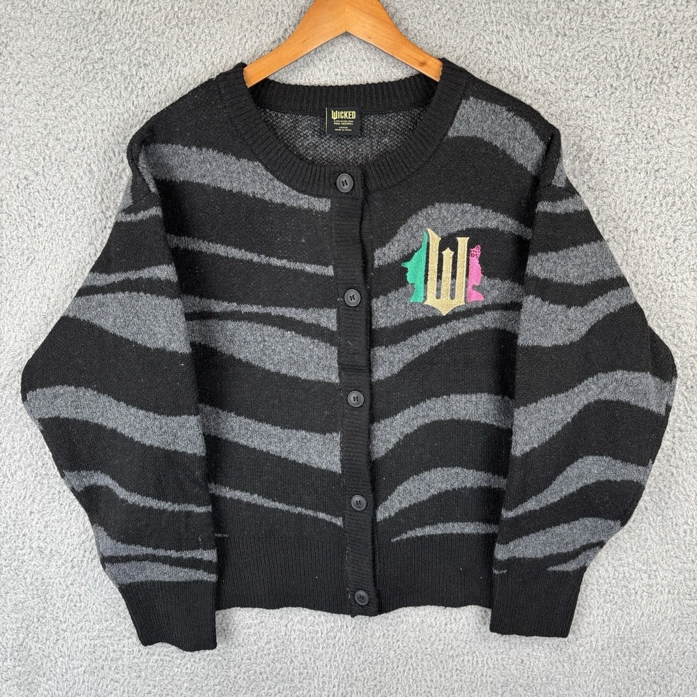 Wicked Paul Tazewell Sweater Women Large Black Gray Cardigan Button Zebra Stripe